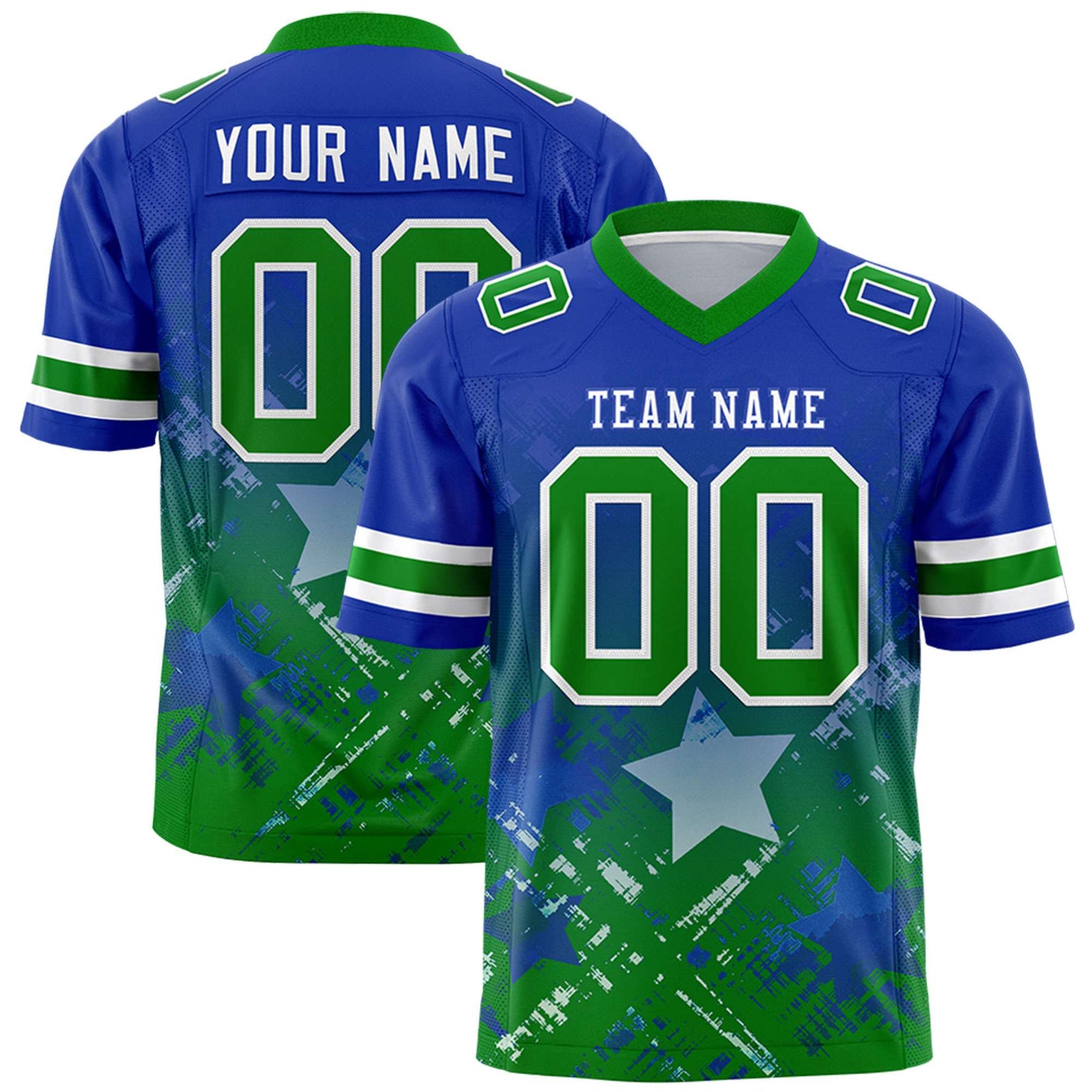 Custom Royal Kelly Green Personalized Star Gradient Flag Football Jersey