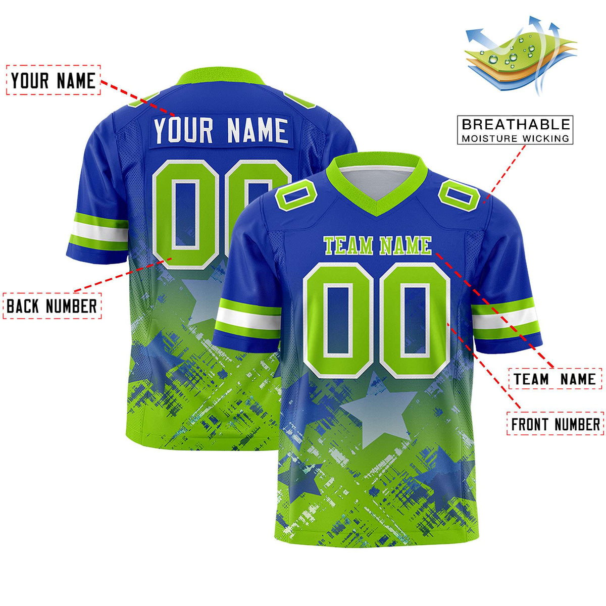 Custom Royal Neon Green Personalized Star Gradient Flag Football Jersey