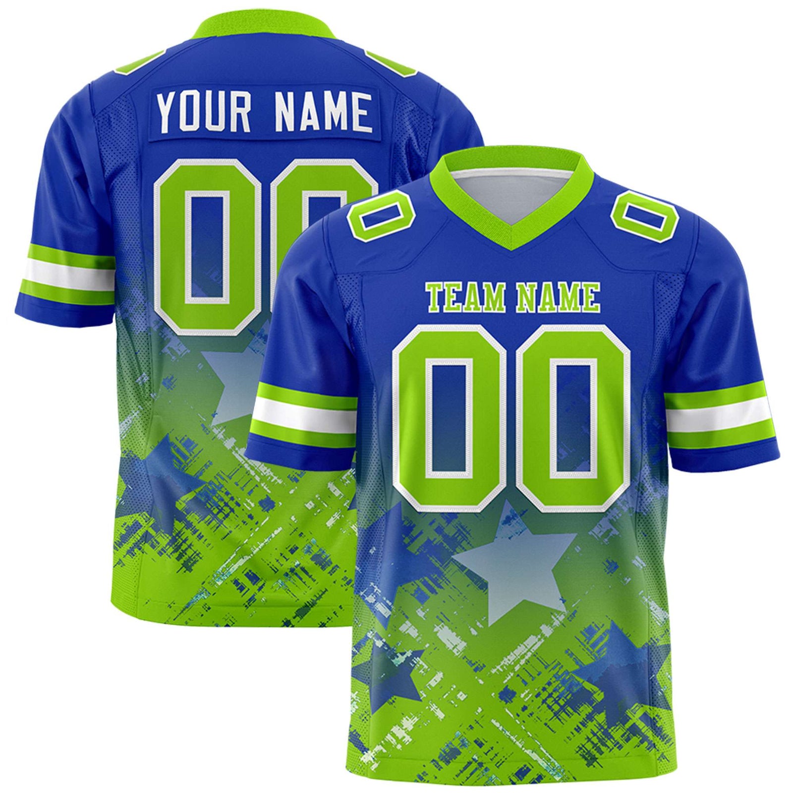 Custom Royal Neon Green Personalized Star Gradient Flag Football Jersey
