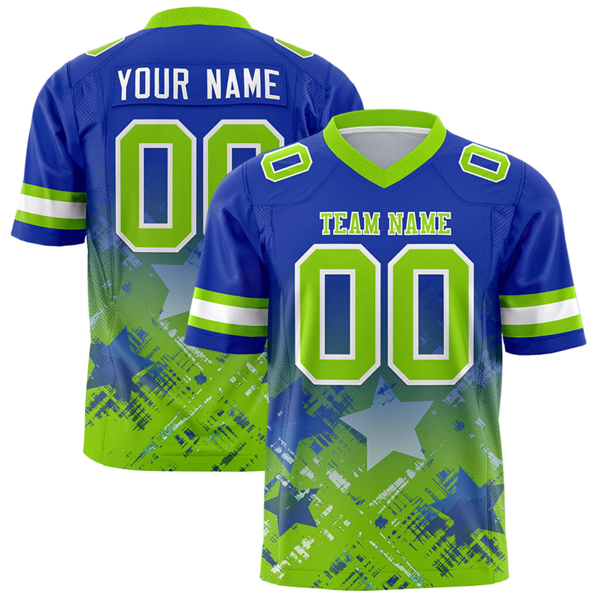 Custom Royal Neon Green Personalized Star Gradient Flag Football Jersey