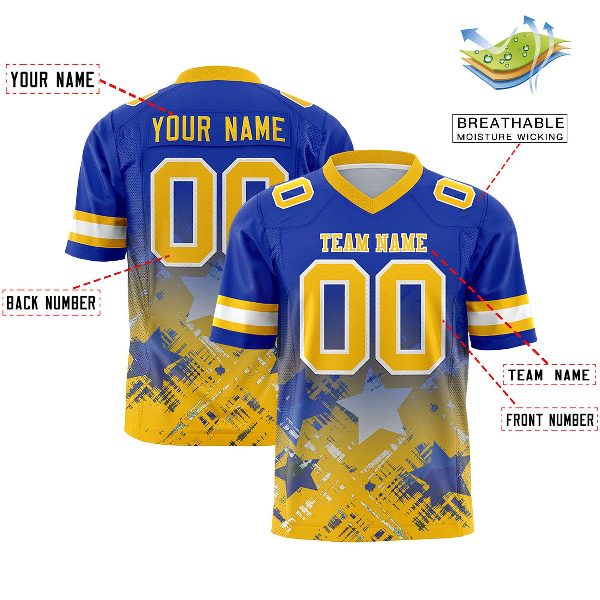 Custom Royal Yellow Personalized Star Gradient Flag Football Jersey