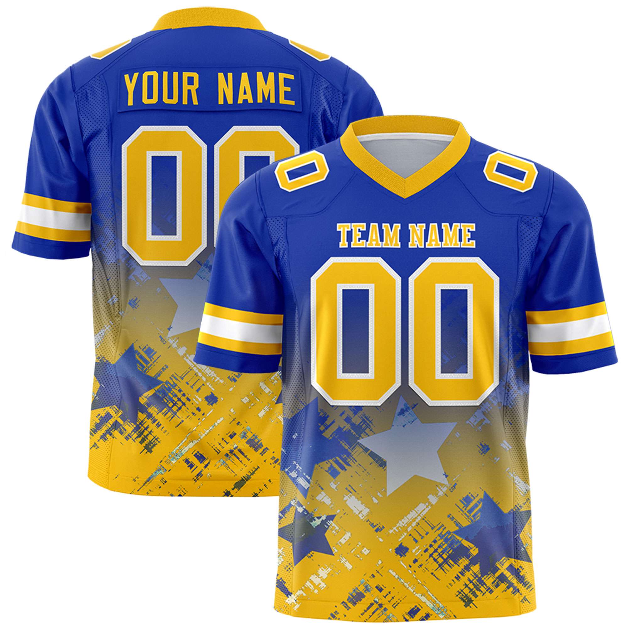Custom Royal Yellow Personalized Star Gradient Flag Football Jersey