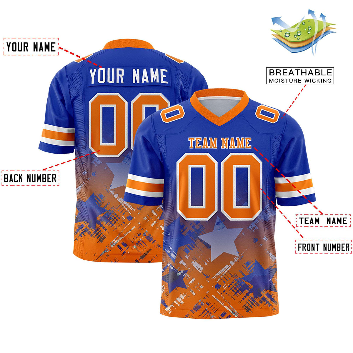 Custom Royal Orange Personalized Star Gradient Flag Football Jersey