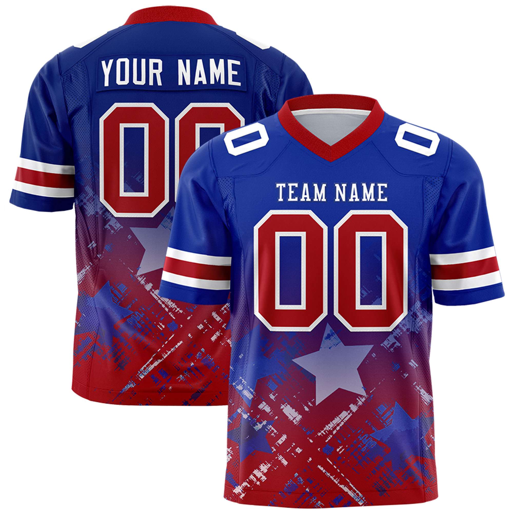 Custom Royal Red Personalized Star Gradient Flag Football Jersey