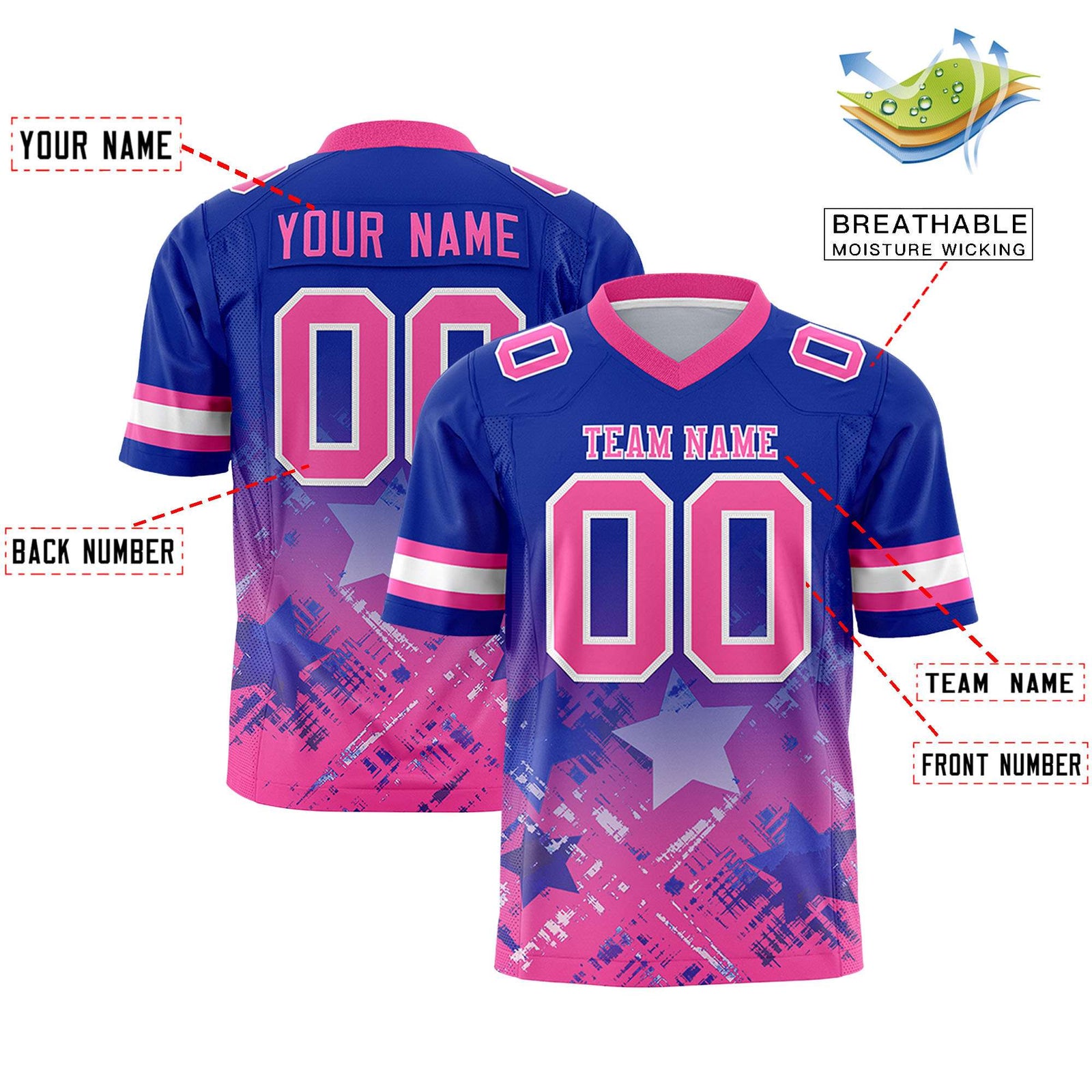 Custom Royal Pink Personalized Star Gradient Flag Football Jersey