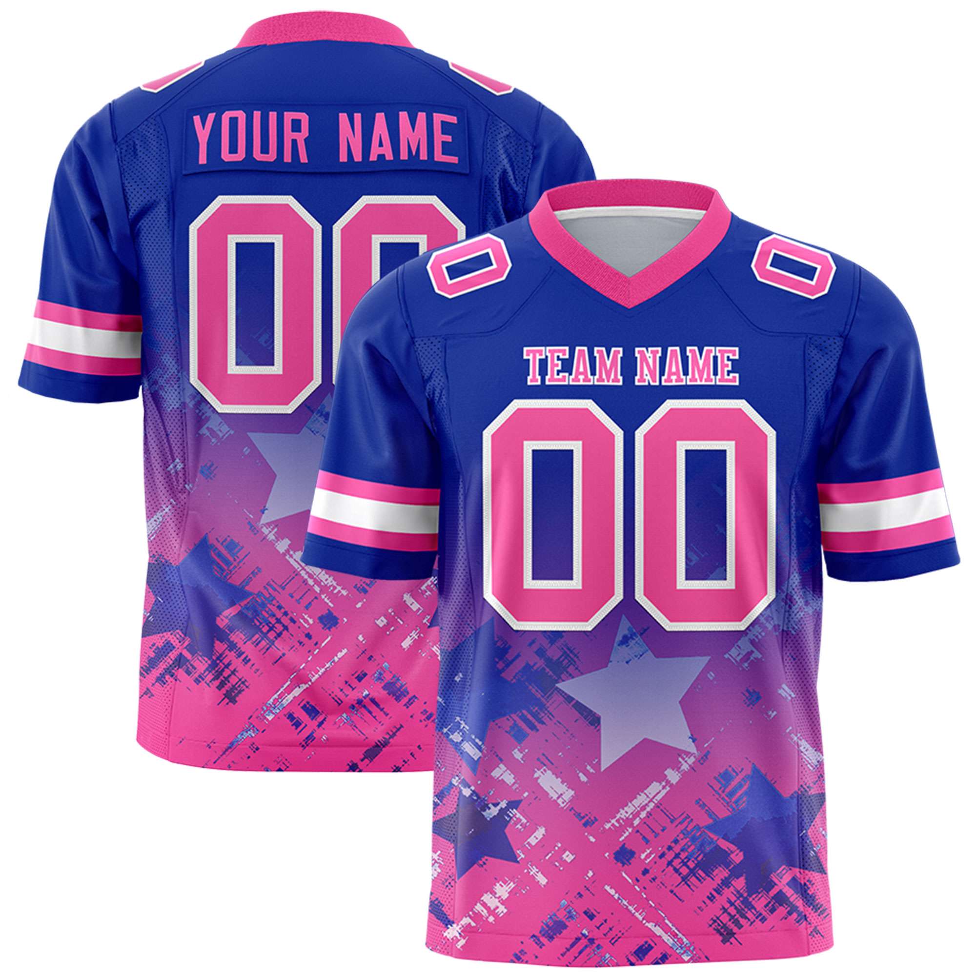 Custom Royal Pink Personalized Star Gradient Flag Football Jersey