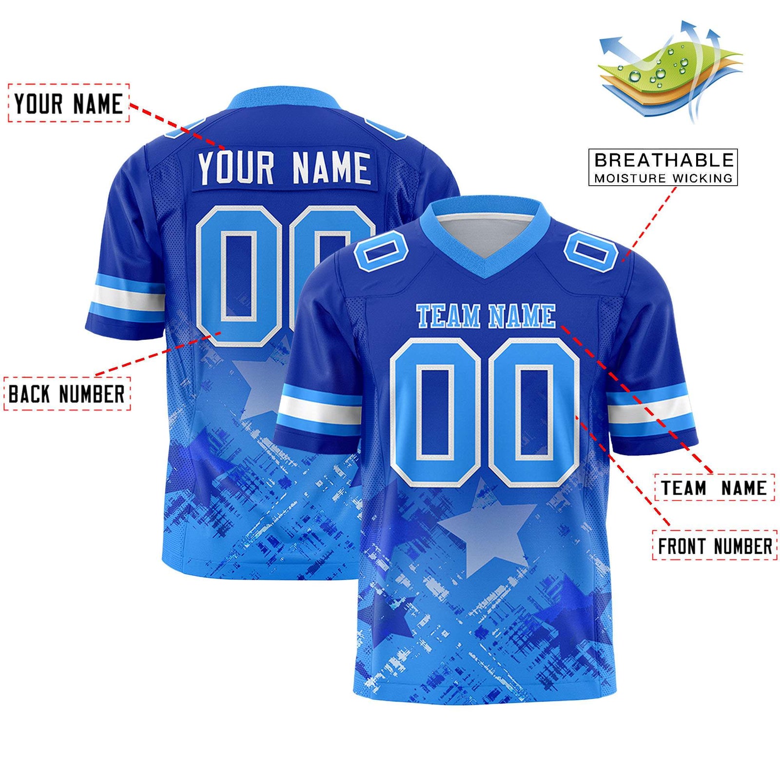 Custom Royal Light Blue Personalized Star Gradient Flag Football Jersey