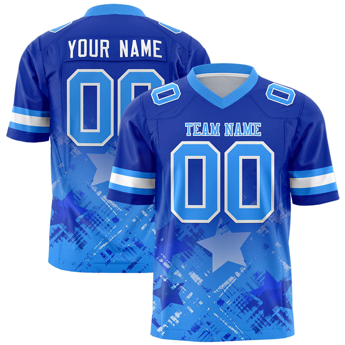 Custom Royal Light Blue Personalized Star Gradient Flag Football Jersey