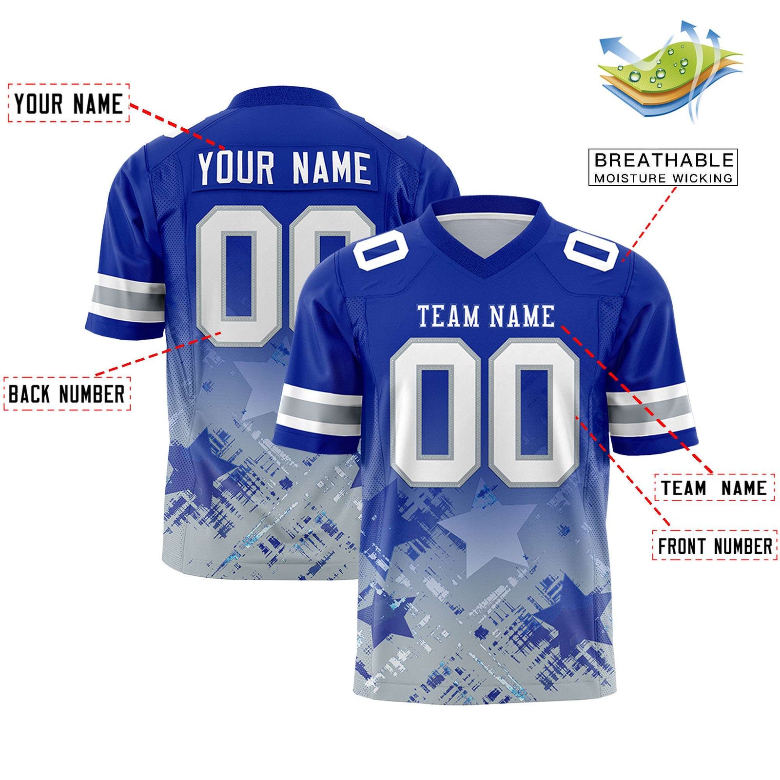 Custom Royal Royal Personalized Star Gradient Flag Football Jersey