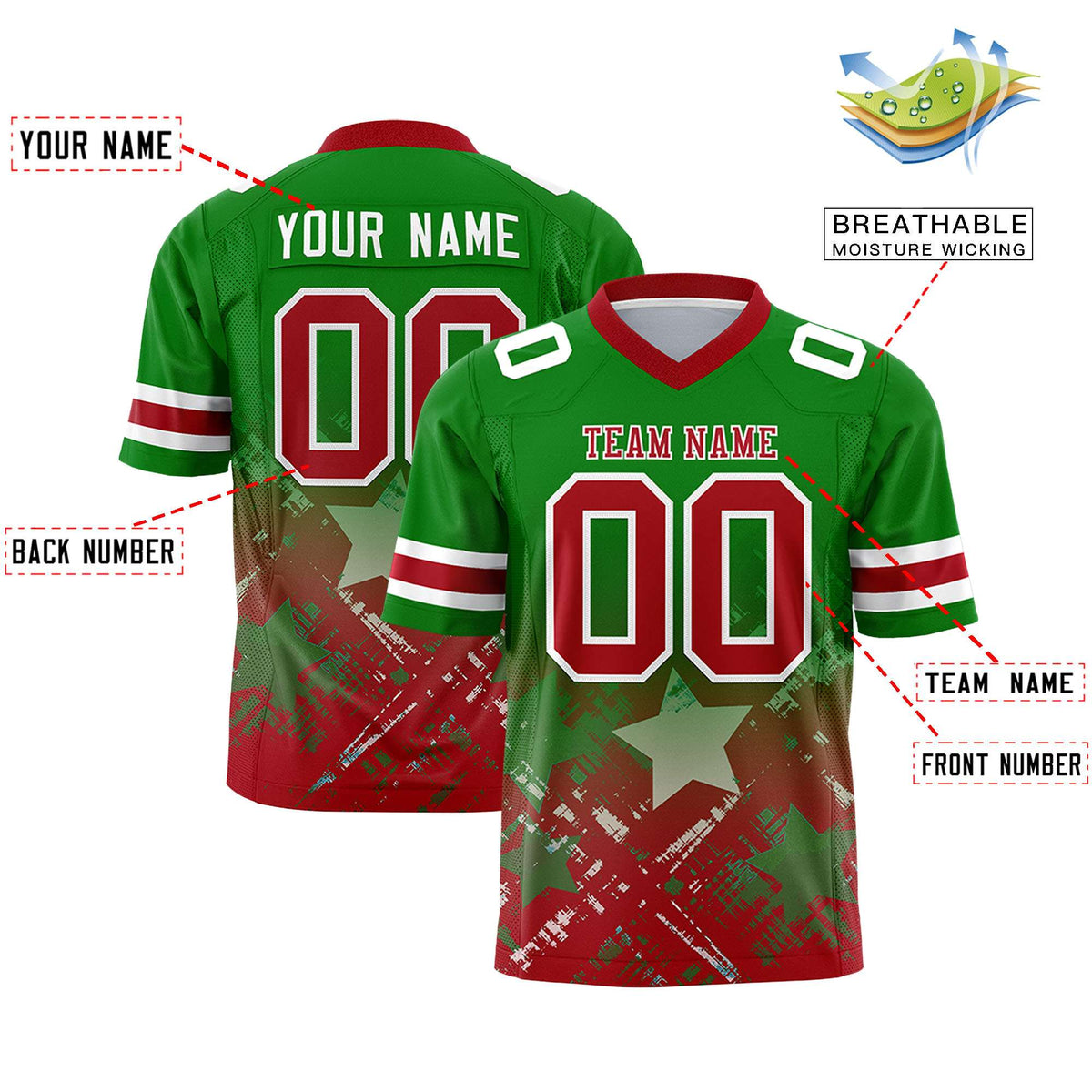 Custom Kelly Green Red Personalized Star Gradient Flag Football Jersey