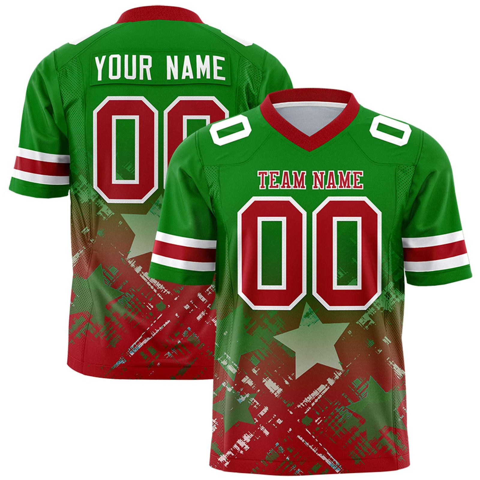 Custom Kelly Green Red Personalized Star Gradient Flag Football Jersey
