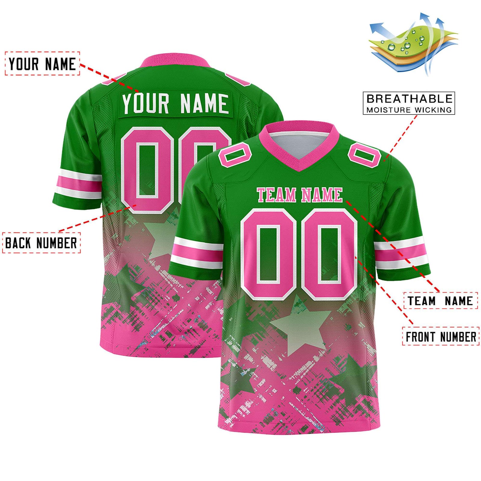 Custom Kelly Green Pink Personalized Star Gradient Flag Football Jersey