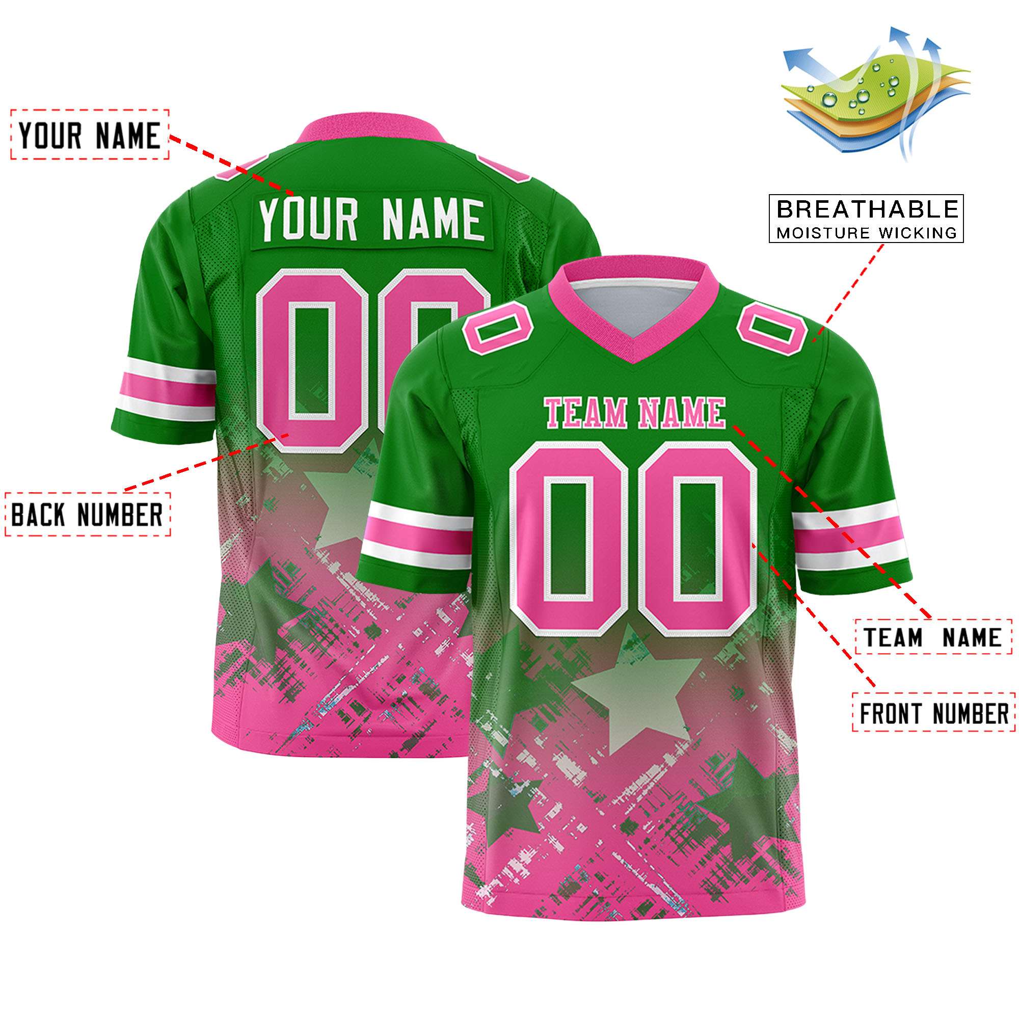Custom Kelly Green Pink Personalized Star Gradient Flag Football Jersey