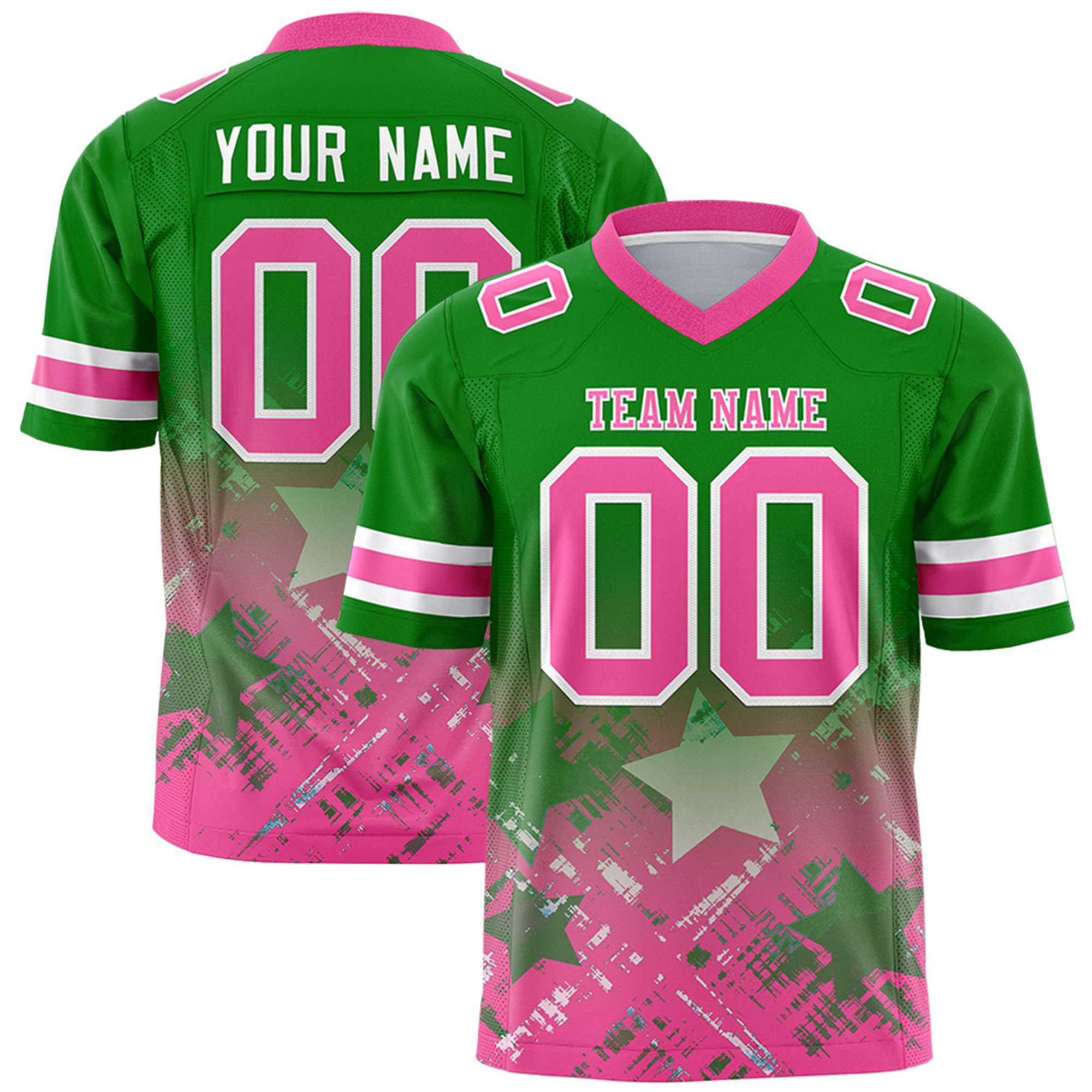 Custom Kelly Green Pink Personalized Star Gradient Flag Football Jersey