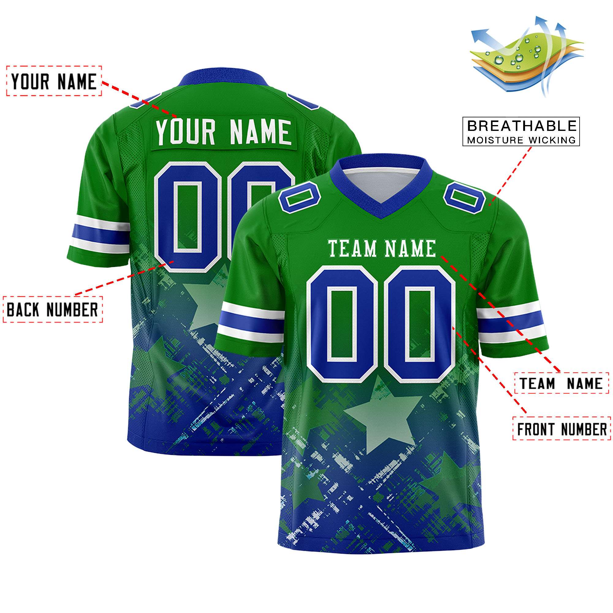 Custom Kelly Green Royal Personalized Star Gradient Flag Football Jersey