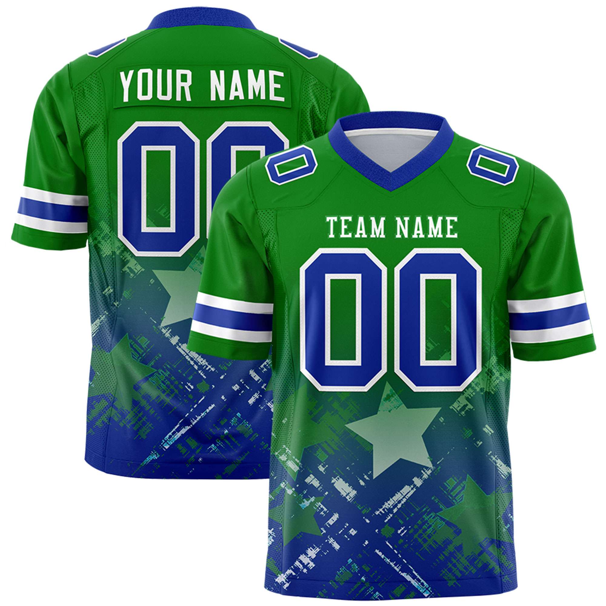 Custom Kelly Green Royal Personalized Star Gradient Flag Football Jersey