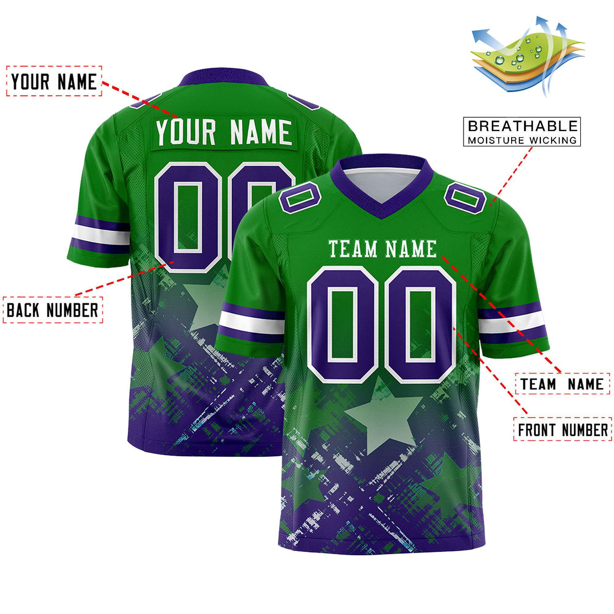 Custom Kelly Green Purple Personalized Star Gradient Flag Football Jersey
