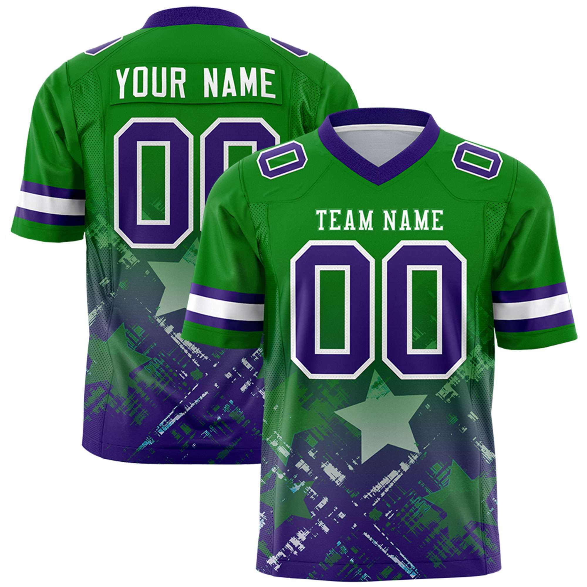 Custom Kelly Green Purple Personalized Star Gradient Flag Football Jersey