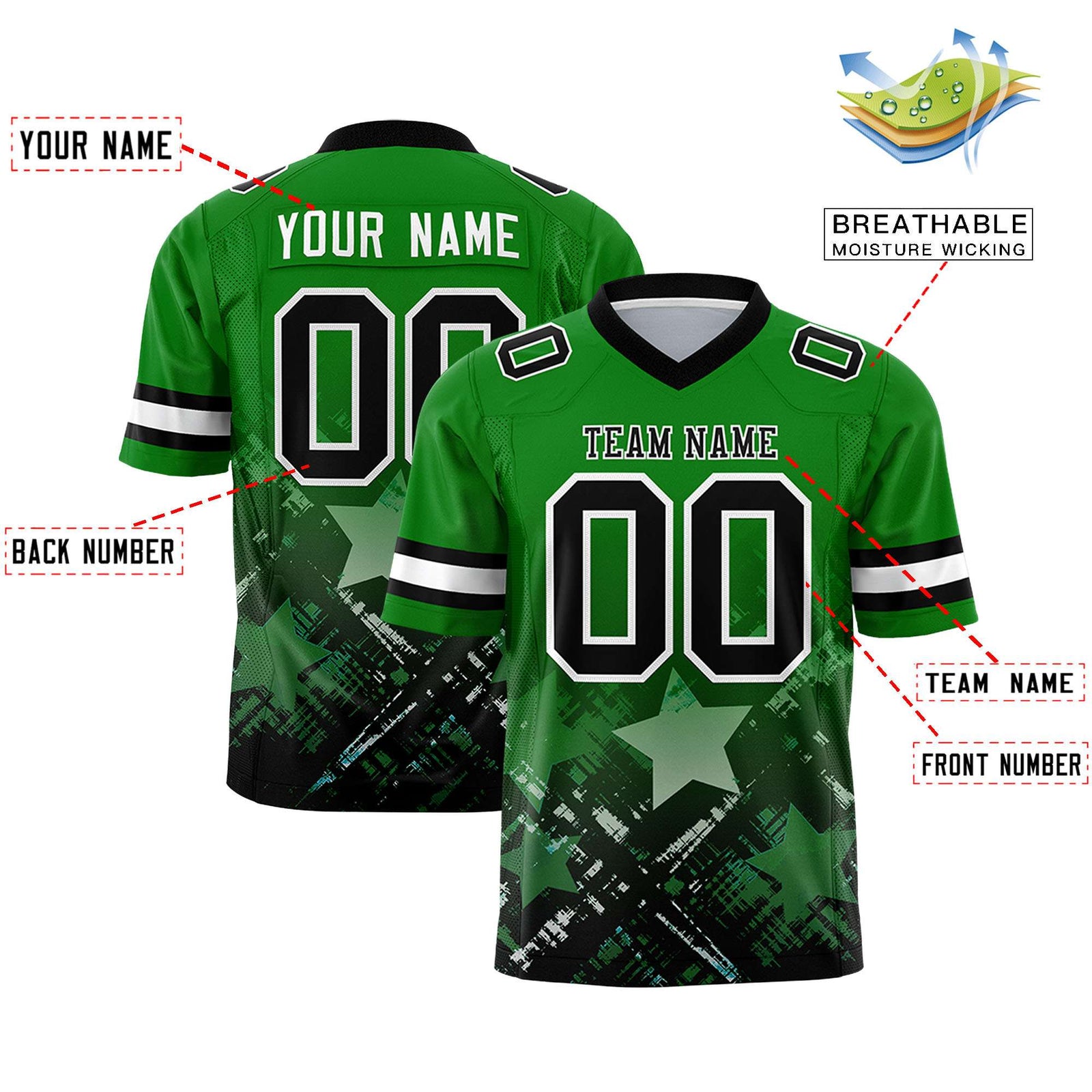 Custom Kelly Green Black Personalized Star Gradient Flag Football Jersey
