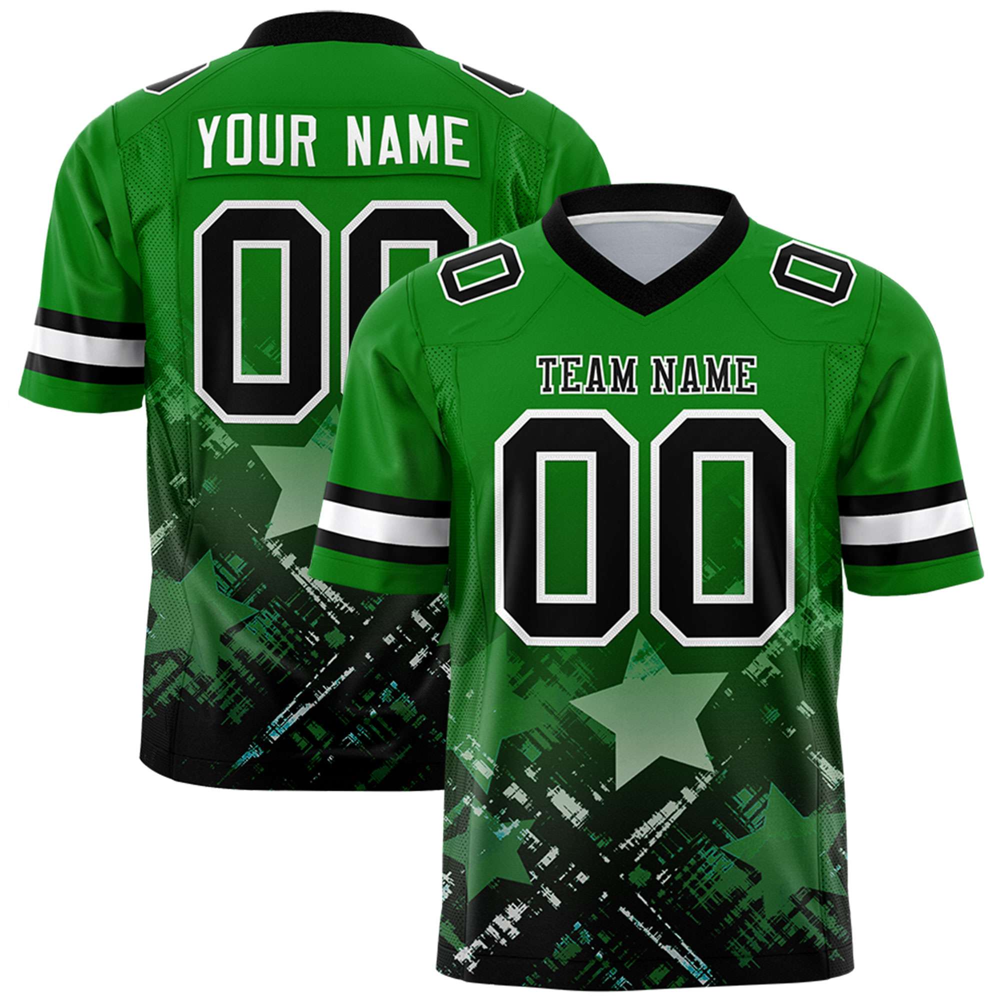 Custom Kelly Green Black Personalized Star Gradient Flag Football Jersey