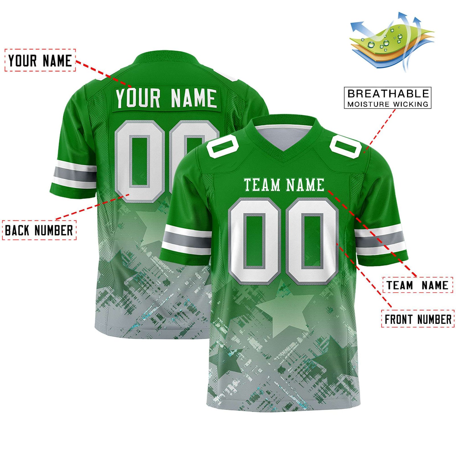 Custom Kelly Green Kelly Green Personalized Star Gradient Flag Football Jersey