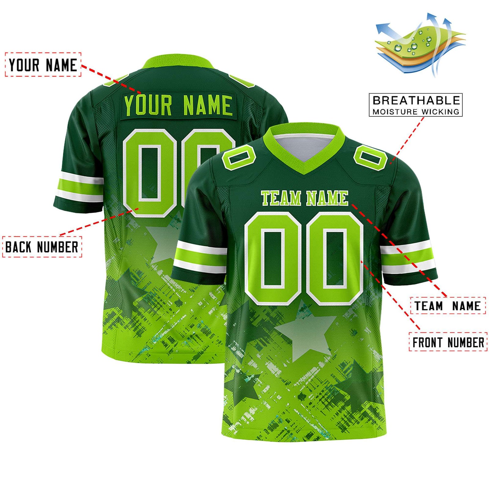 Custom Green Neon Green Personalized Star Gradient Flag Football Jersey