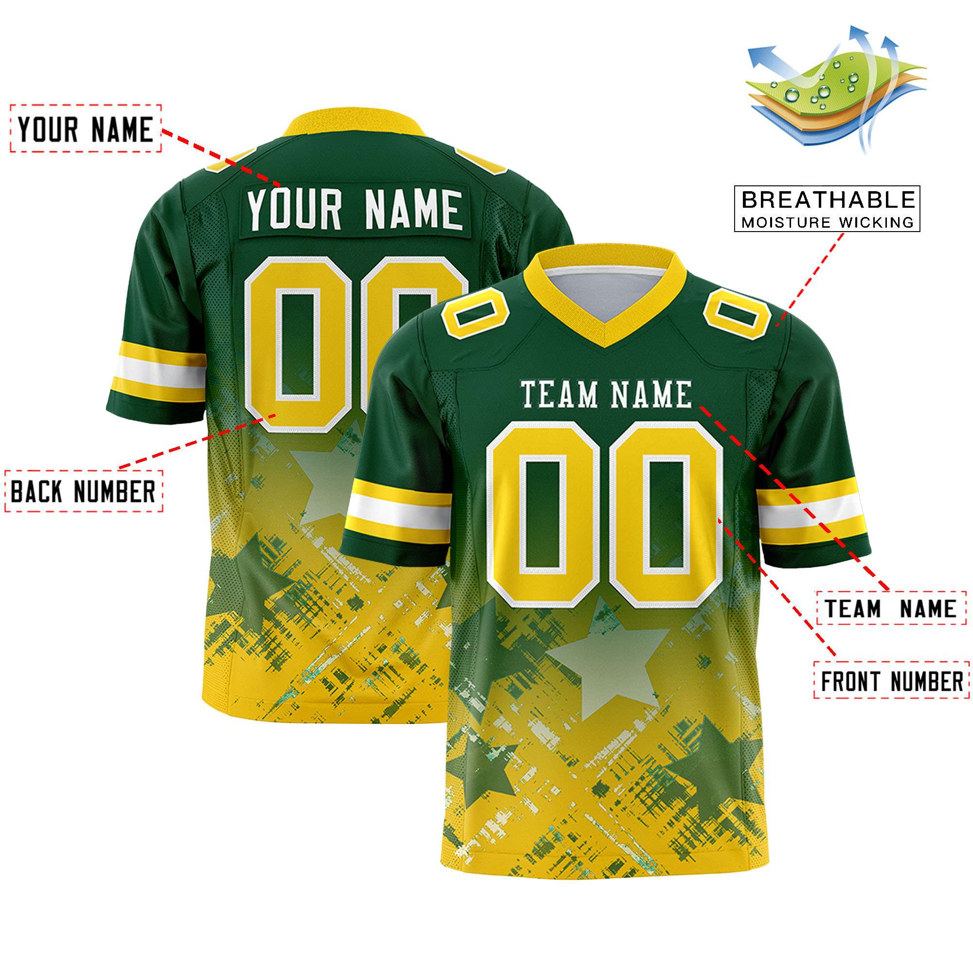 Custom Green Gold Personalized Star Gradient Flag Football Jersey