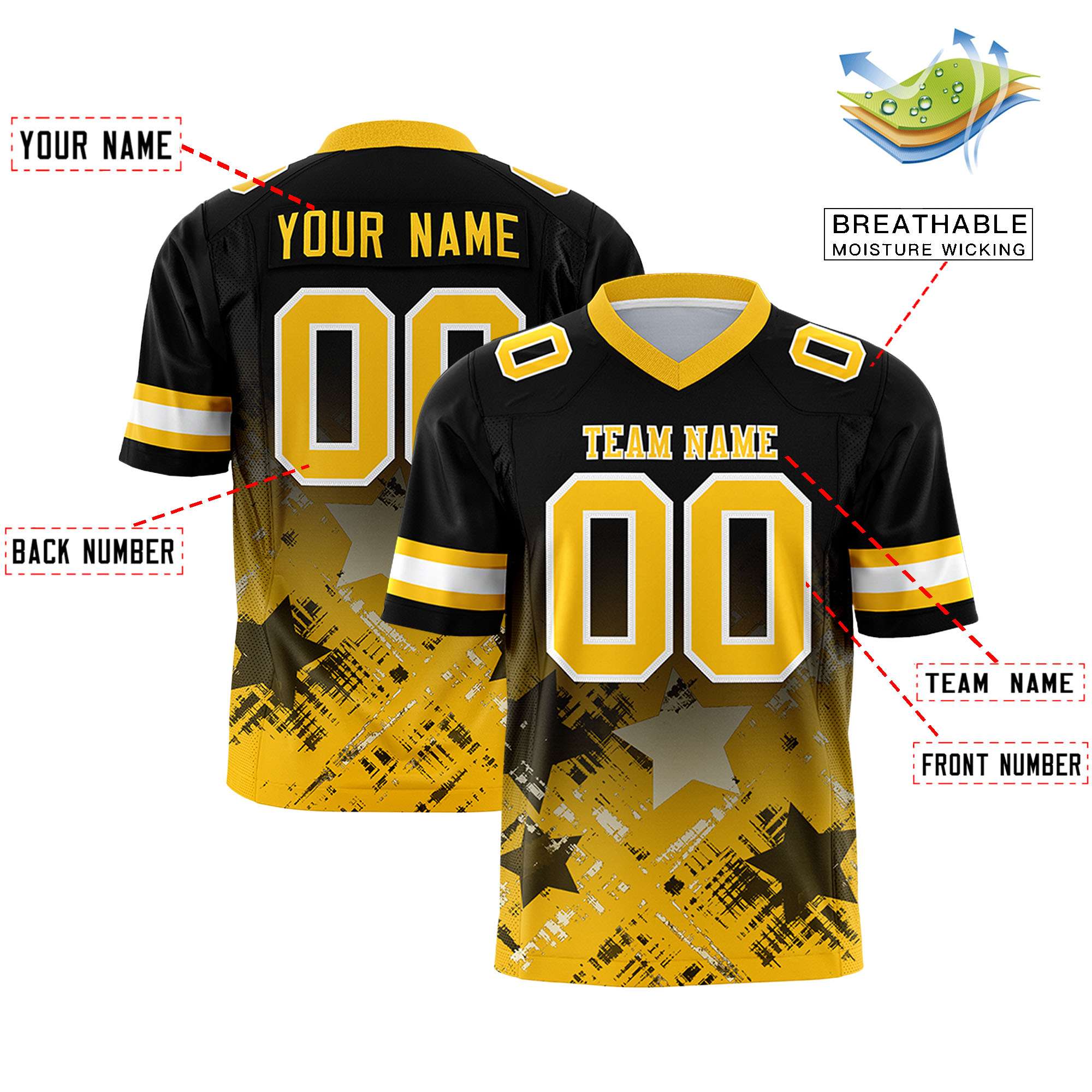 Custom Black Yellow Personalized Star Gradient Flag Football Jersey