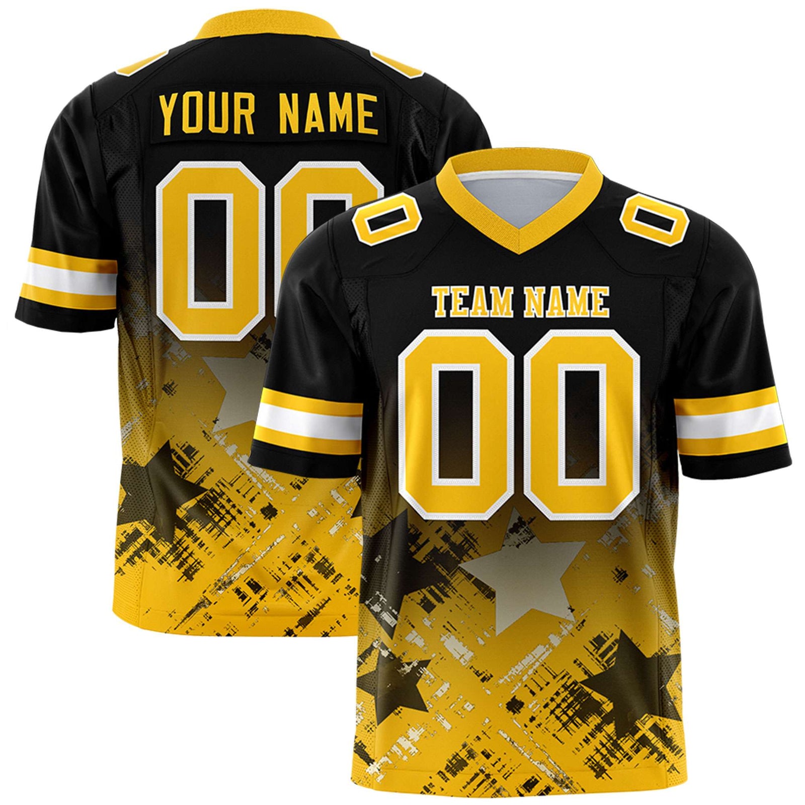 Custom Black Yellow Personalized Star Gradient Flag Football Jersey