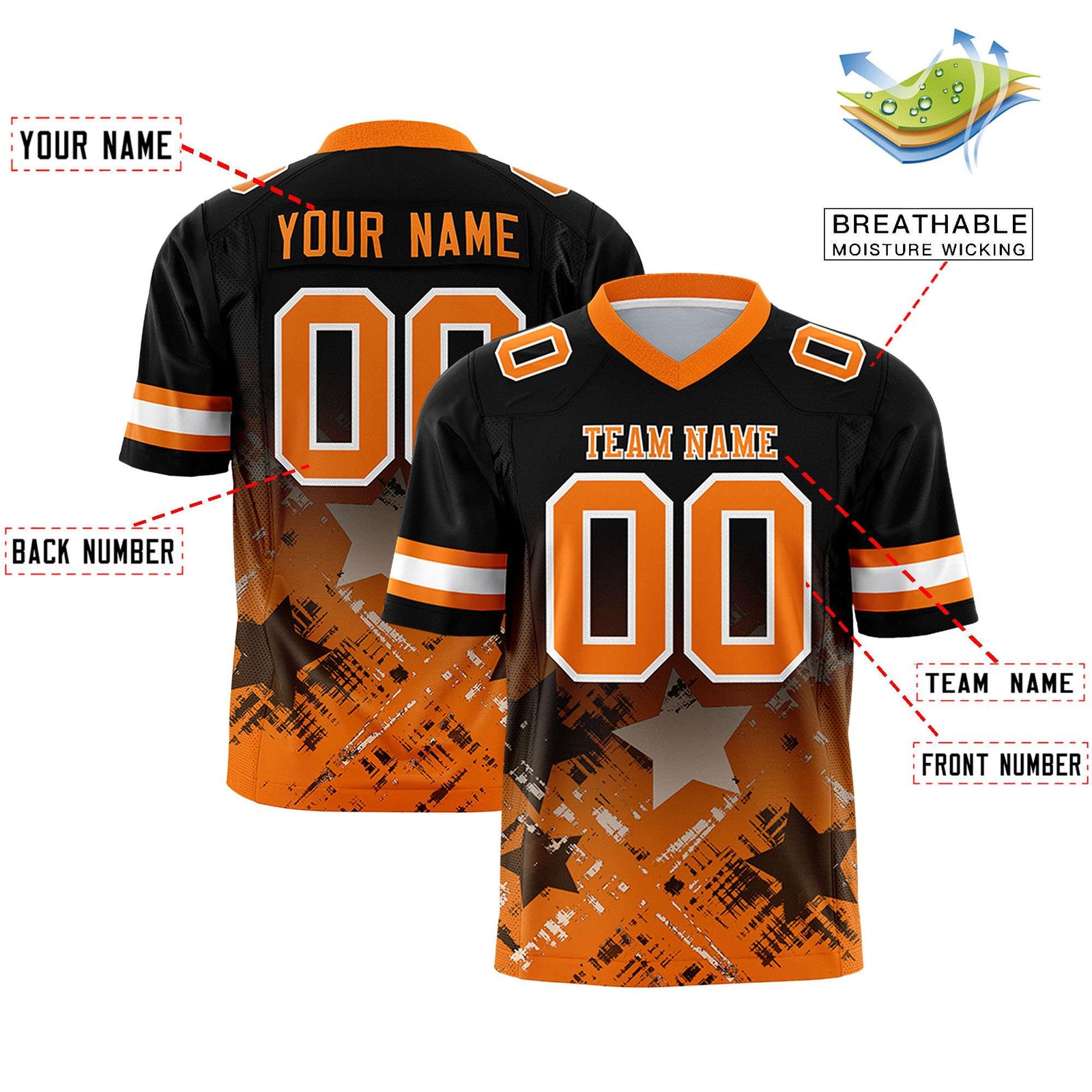 Custom Black Orange Personalized Star Gradient Flag Football Jersey