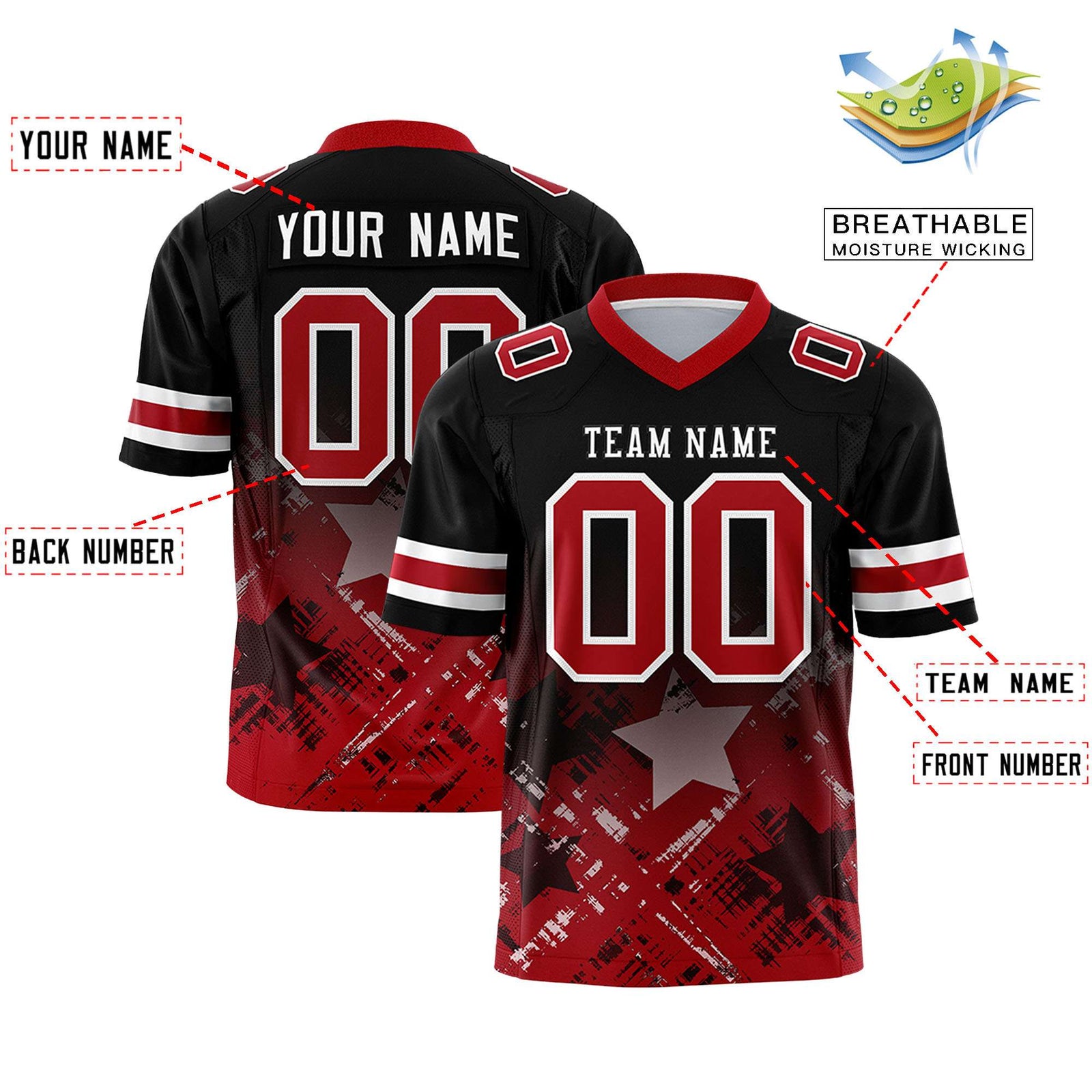 Custom Black Red Personalized Star Gradient Flag Football Jersey
