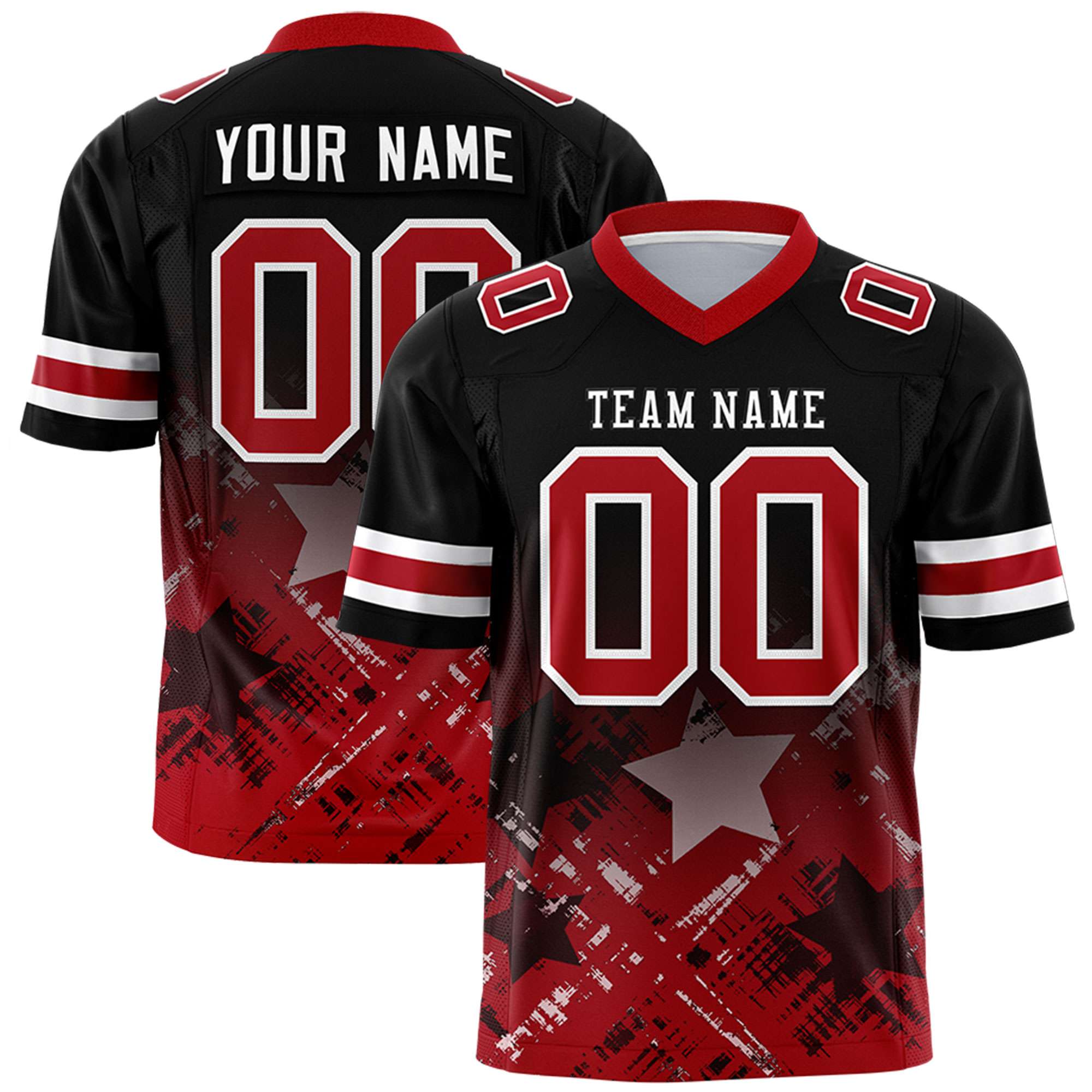 Custom Black Red Personalized Star Gradient Flag Football Jersey