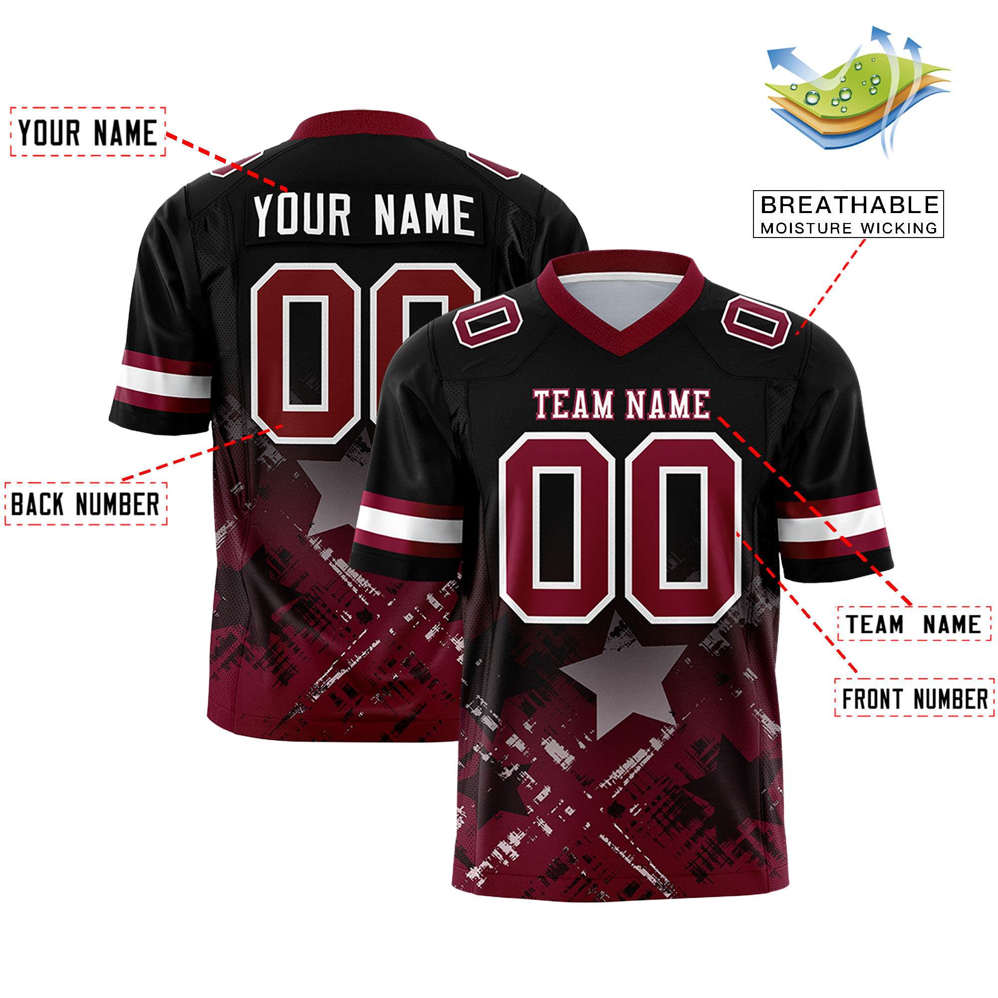 Custom Black Cardinal Personalized Star Gradient Flag Football Jersey