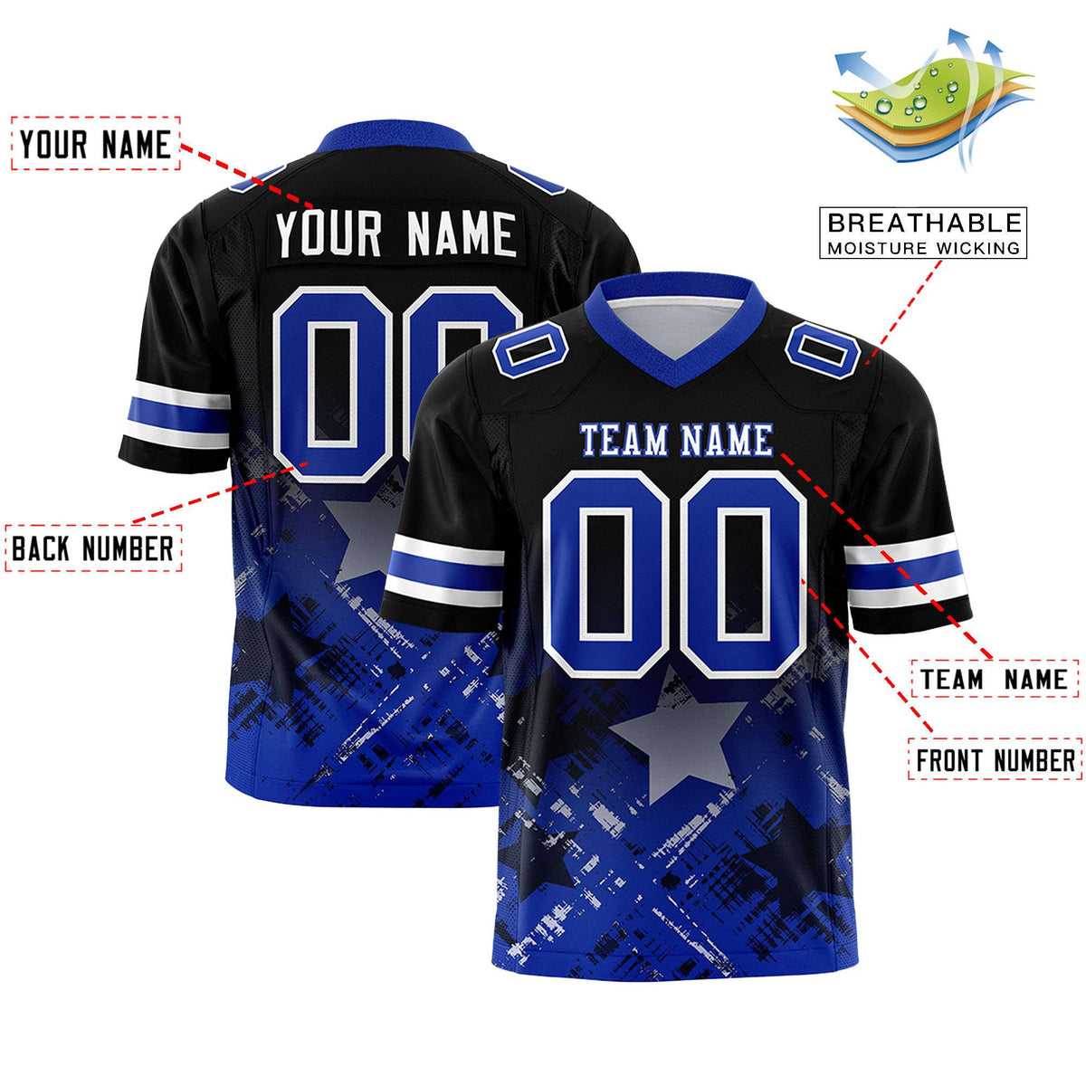 Custom Black Royal Personalized Star Gradient Flag Football Jersey