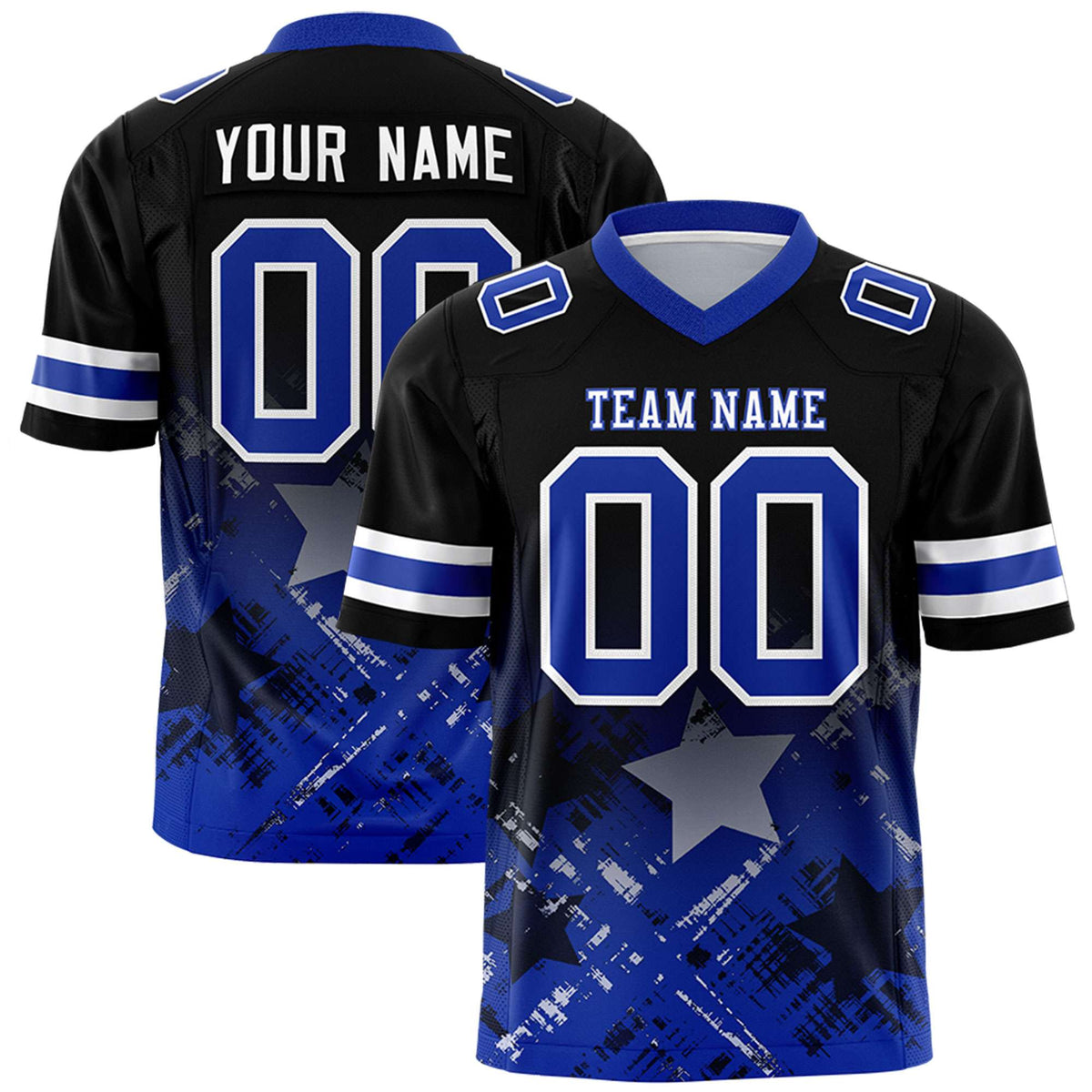 Custom Black Royal Personalized Star Gradient Flag Football Jersey