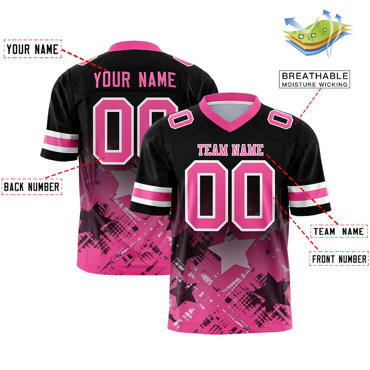 Custom Black Pink Personalized Star Gradient Flag Football Jersey