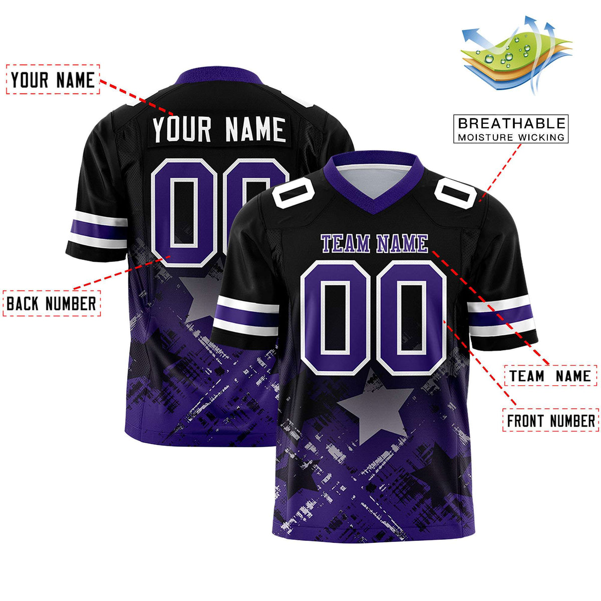 Custom Black Purple Personalized Star Gradient Flag Football Jersey
