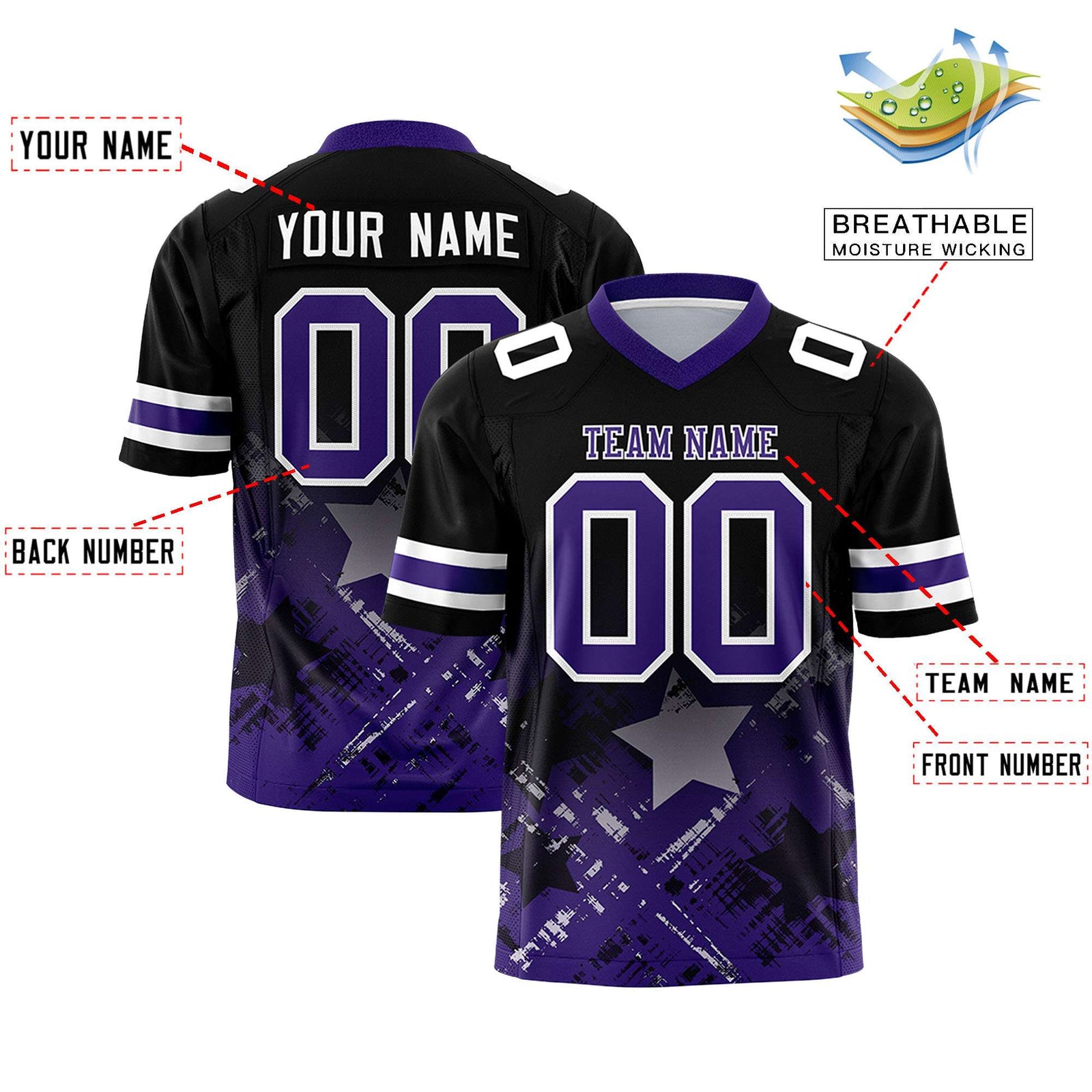 Custom Black Purple Personalized Star Gradient Flag Football Jersey