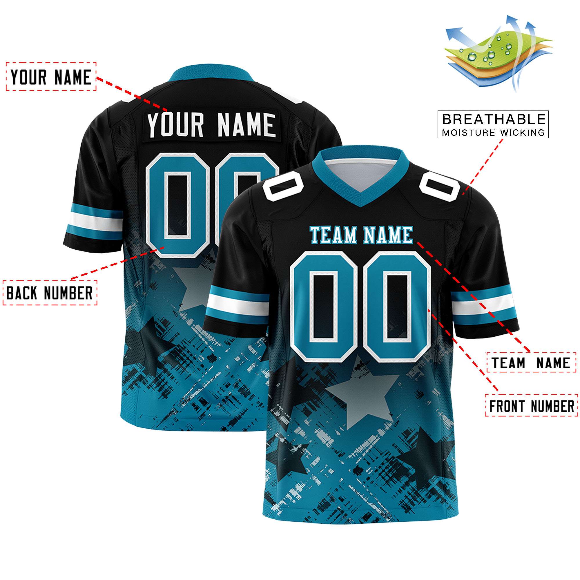 Custom Black Aqua Personalized Star Gradient Flag Football Jersey