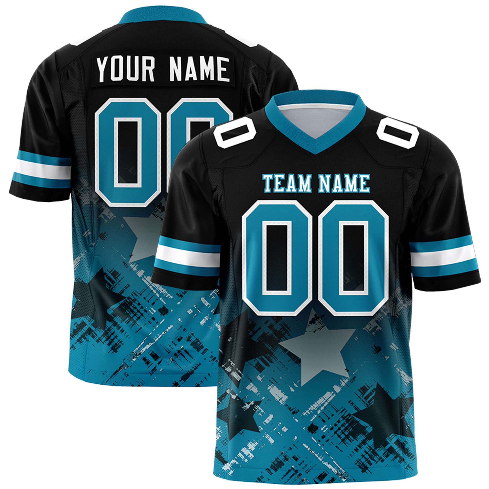 Custom Black Aqua Personalized Star Gradient Flag Football Jersey