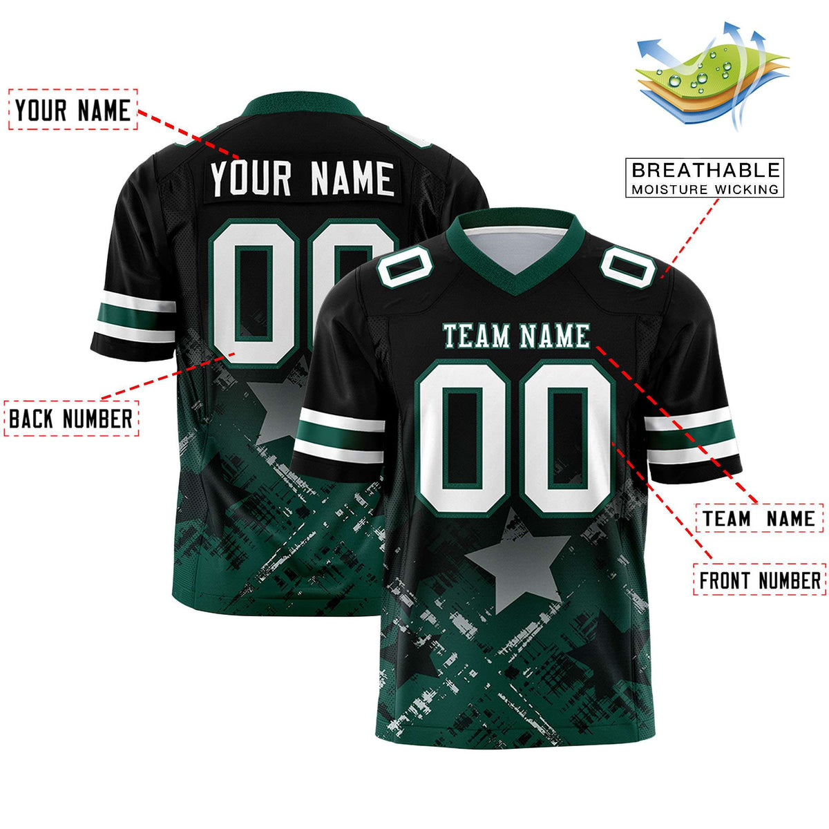 Custom Black Midnight Green Personalized Star Gradient Flag Football Jersey