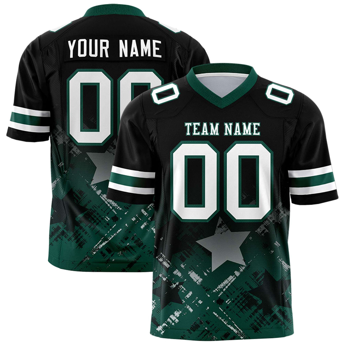 Custom Black Midnight Green Personalized Star Gradient Flag Football Jersey