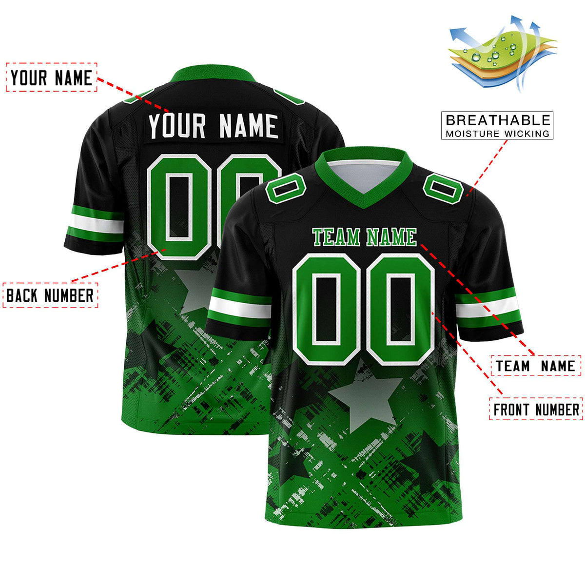 Custom Black Kelly Green Personalized Star Gradient Flag Football Jersey