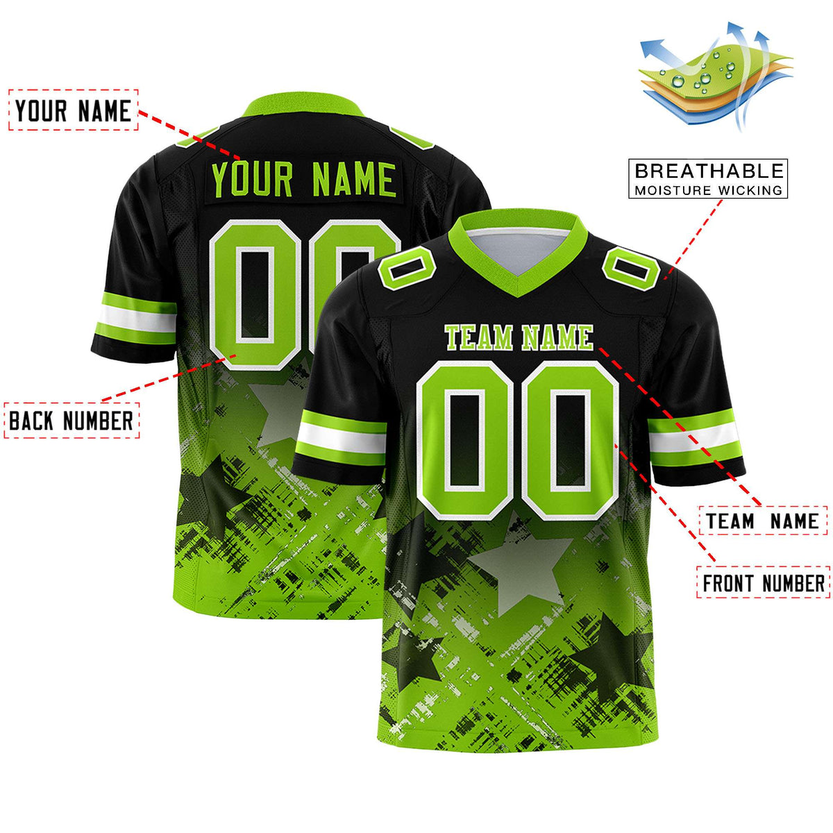 Custom Black Neon Green Personalized Star Gradient Flag Football Jersey