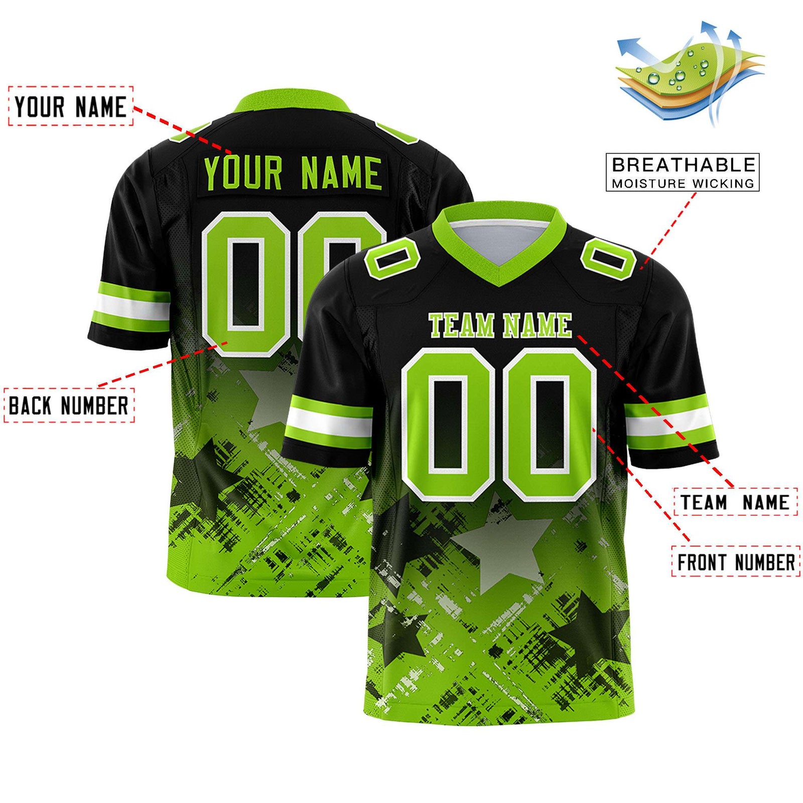 Custom Black Neon Green Personalized Star Gradient Flag Football Jersey