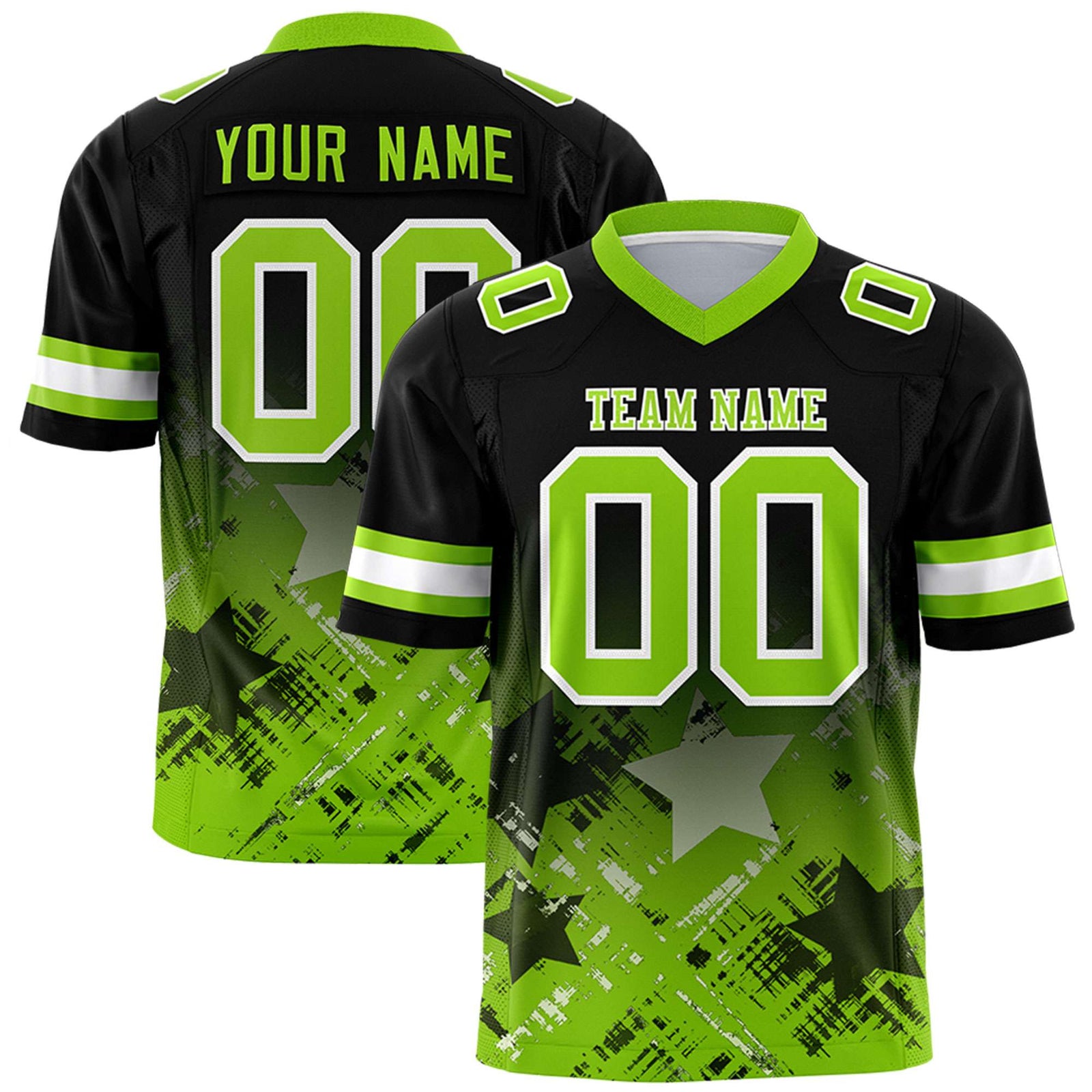 Custom Black Neon Green Personalized Star Gradient Flag Football Jersey
