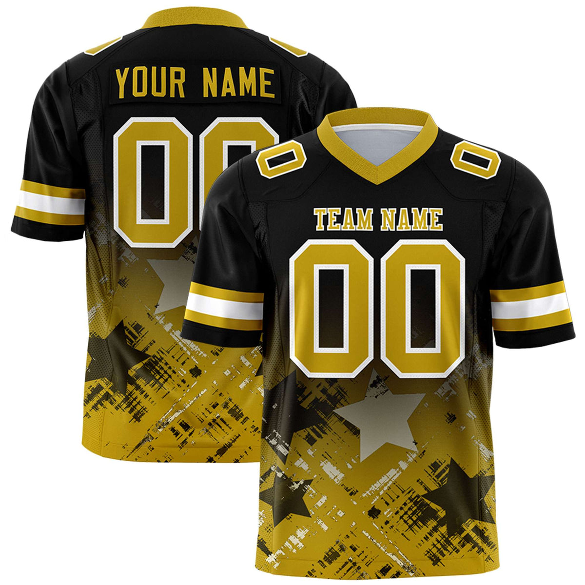 Custom Black Old Gold Personalized Star Gradient Flag Football Jersey