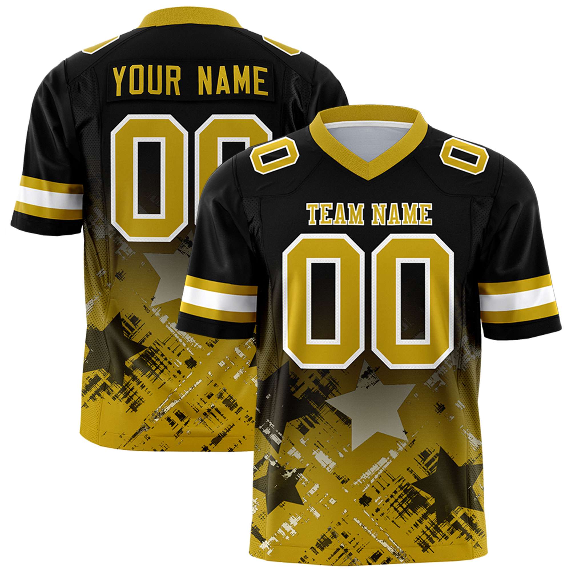 Custom Black Old Gold Personalized Star Gradient Flag Football Jersey