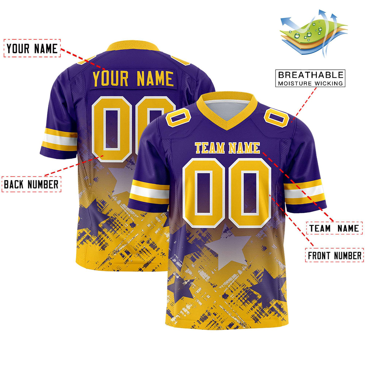 Custom Purple Yellow Personalized Star Gradient Flag Football Jersey