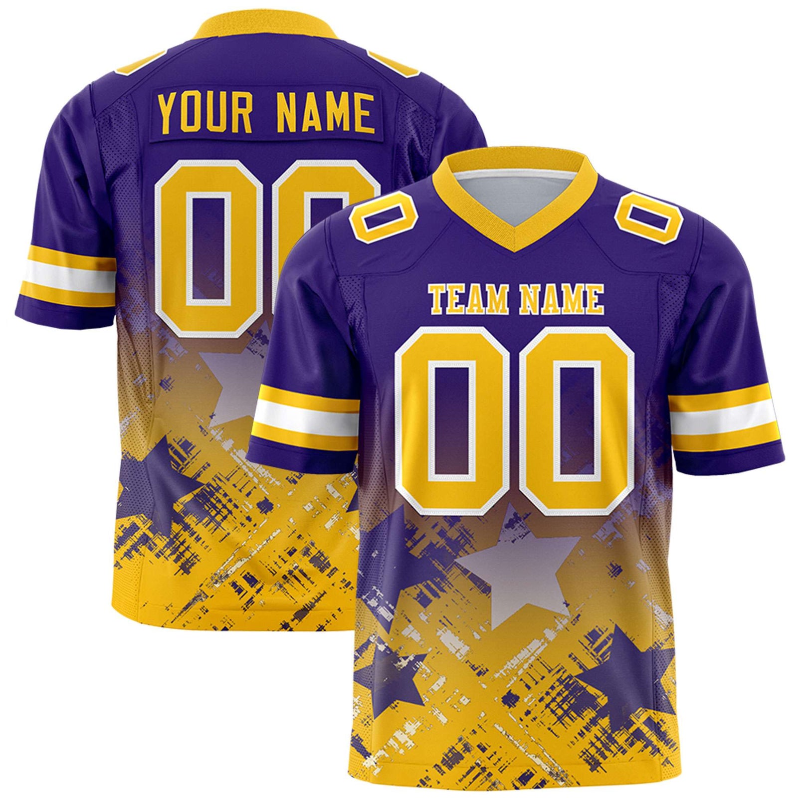 Custom Purple Yellow Personalized Star Gradient Flag Football Jersey